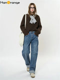 FOESCE HanOrange 2025 Early Spring Loose Straight Jeans Women Cotton Denim Pants Blue