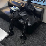 FOESCE Harajuku Sashes Zipper Decorate Vibe Style Black Cargo Pants for Men High Street Straight Casual Baggy Oversized Unisex Trousers