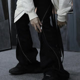 FOESCE Harajuku Sashes Zipper Decorate Vibe Style Black Cargo Pants for Men High Street Straight Casual Baggy Oversized Unisex Trousers