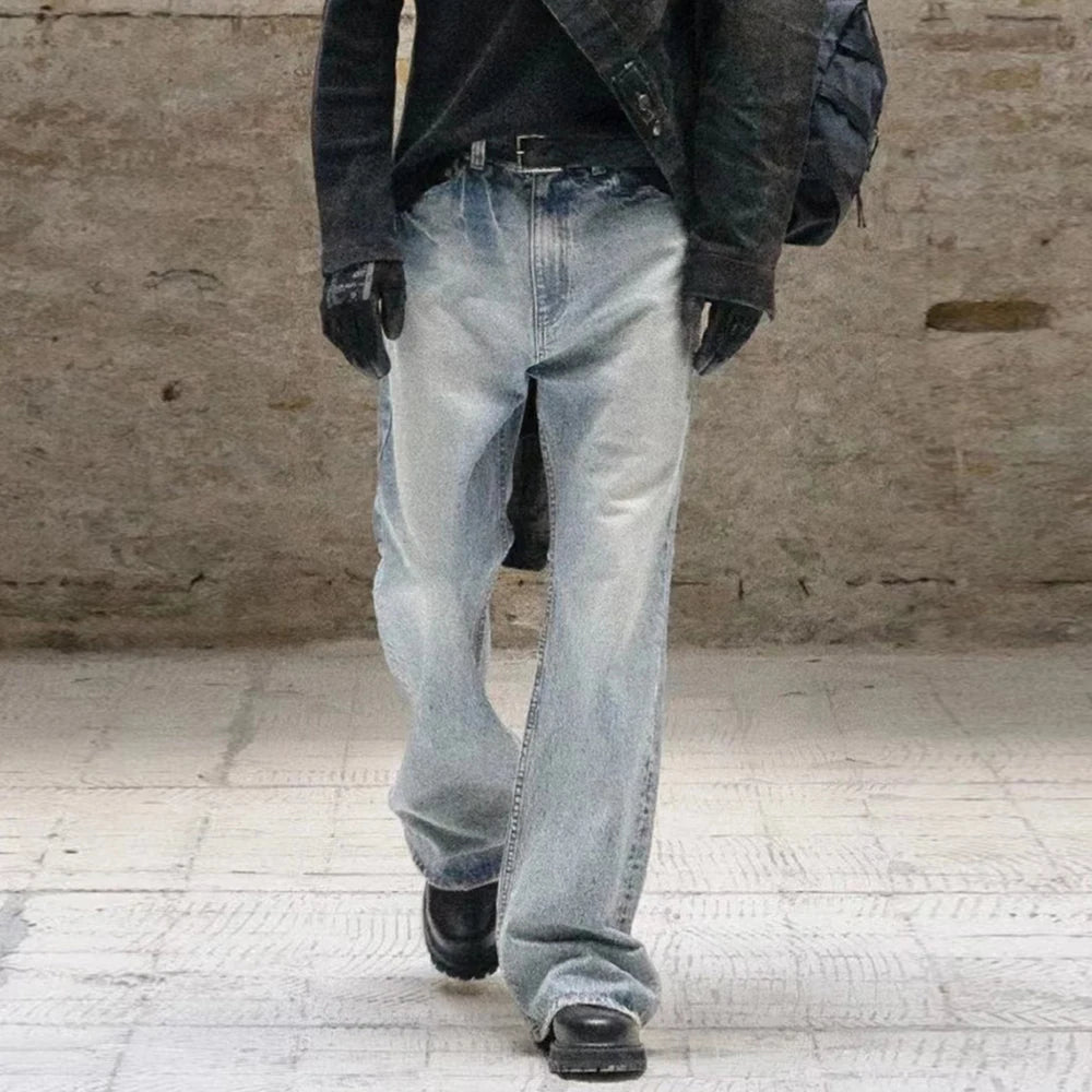 FOESCE Harajuku Streetwear Washed Vintage Solid Jeans Men's Y2K Straight Baggy Flare Pants Unisex Oversized Casual Denim Trousers