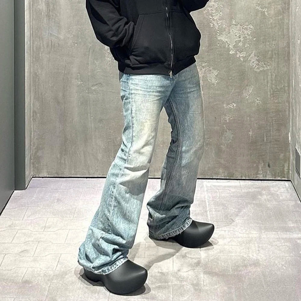 FOESCE Harajuku Streetwear Washed Vintage Solid Jeans Men's Y2K Straight Baggy Flare Pants Unisex Oversized Casual Denim Trousers