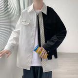 FOESCE Fake two piece splicing casual shirt men's loose student versatile fashion handsome college style long sleeve shirt autumn New