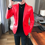 FOESCE Blazer Hombre PU Leather Jackets Men Fashion Solid Slim Fit One Button Business Casual Blazers For Men Korean style Suit Jacket
