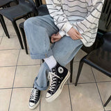 FOESCE Spring and autumn jeans men's loose straight black pants Korean fashion brand versatile wide leg pants roupas streetwear hiphop