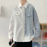 FOESCE Fake two piece splicing casual shirt men's loose student versatile fashion handsome college style long sleeve shirt autumn New