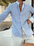 FOESCE Men's Hawaiian Patchwork Striped Long Sleeve Shirts Fashion Casual Stand Collar Vacation Quick Dry Streetwear Leisure Blouse