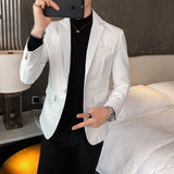 FOESCE Blazer Hombre PU Leather Jackets Men Fashion Solid Slim Fit One Button Business Casual Blazers For Men Korean style Suit Jacket
