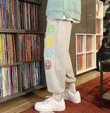FOESCE Fashion Mens Vintage Washed Hip Hop Smile Face Printed Loose Fit Denim Pants Urban Style Trousers Male Sweatpants