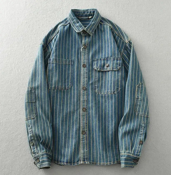 FOESCE Heavy Japanese vintage washed vertical stripe denim shirt men's loose large size cotton long-sleeved shirt jacket