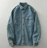 FOESCE Heavy Japanese vintage washed vertical stripe denim shirt men's loose large size cotton long-sleeved shirt jacket