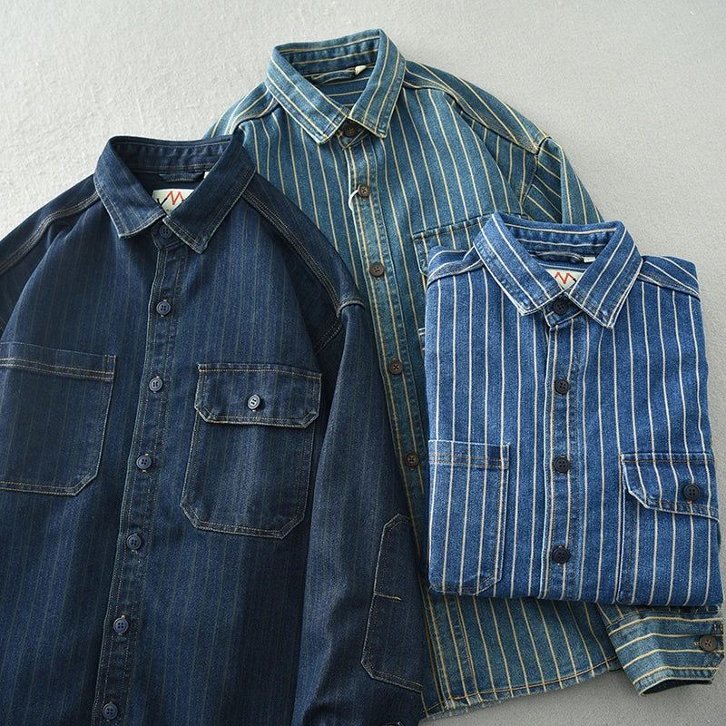 FOESCE Heavy Japanese vintage washed vertical stripe denim shirt men's loose large size cotton long-sleeved shirt jacket