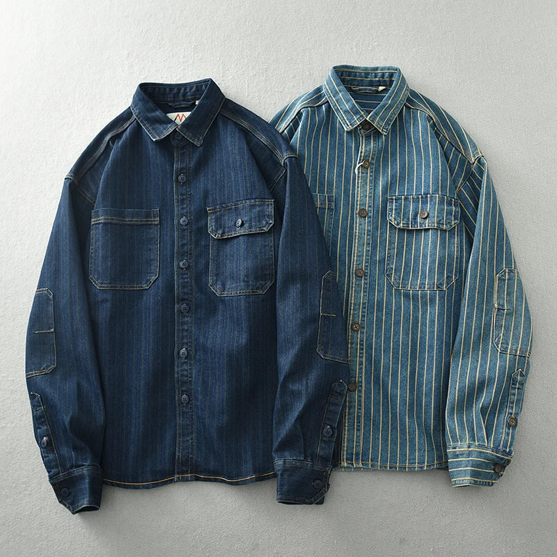 FOESCE Heavy Japanese vintage washed vertical stripe denim shirt men's loose large size cotton long-sleeved shirt jacket
