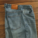 FOESCE Heavy chunky jeans men vintage do old wash dark vertical texture of loose straight leg denim pants