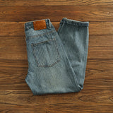 FOESCE Heavy chunky jeans men vintage do old wash dark vertical texture of loose straight leg denim pants