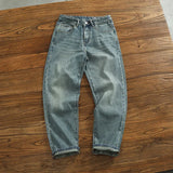 FOESCE Heavy chunky jeans men vintage do old wash dark vertical texture of loose straight leg denim pants