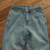 FOESCE Heavy chunky jeans men vintage do old wash dark vertical texture of loose straight leg denim pants