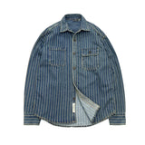 Heavyweight Washed Denim Men Shirt Retro Spring Autumn 100% Cotton Vertical Stripped Male Long Sleeve Jeans Coat Loose Workwear