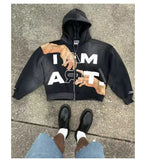 FOESCE Hip-hop Trendy Streetwear Y2K Harajuku American Retro Letter Print Zipper Hoodie Men's Punk Casual Colorful Oversized Sweatshirt