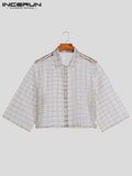 FOESCE INCERUN Men Shirt Plaid Mesh Transparent 2025 Lapel 3/4 Sleeve Sexy Casual Men Clothing Streetwear Loose Button Fashion Camisas