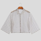 FOESCE INCERUN Men Shirt Plaid Mesh Transparent 2025 Lapel 3/4 Sleeve Sexy Casual Men Clothing Streetwear Loose Button Fashion Camisas