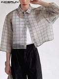 FOESCE INCERUN Men Shirt Plaid Mesh Transparent 2025 Lapel 3/4 Sleeve Sexy Casual Men Clothing Streetwear Loose Button Fashion Camisas