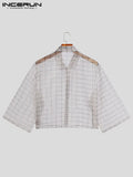FOESCE INCERUN Men Shirt Plaid Mesh Transparent 2025 Lapel 3/4 Sleeve Sexy Casual Men Clothing Streetwear Loose Button Fashion Camisas