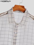 FOESCE INCERUN Men Shirt Plaid Mesh Transparent 2025 Lapel 3/4 Sleeve Sexy Casual Men Clothing Streetwear Loose Button Fashion Camisas
