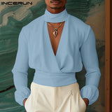FOESCE INCERUN Tops 2025 American Style Sexy Men's Deconstruction Design Solid V-neck Shirts Casual Clubwear Long Sleeved Blouse S-5XL