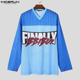 FOESCE INCERUN Tops Korean Style Fashion Men's Printed Striped Hollow Mesh T-shirts Casual Streetwear Male V-neck Long Sleeved Camiseta