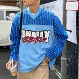 FOESCE INCERUN Tops Korean Style Fashion Men's Printed Striped Hollow Mesh T-shirts Casual Streetwear Male V-neck Long Sleeved Camiseta