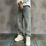 FOESCE Jacquard All Over High Street Jeans Mens 2024 New Straight Lift Pattern Loose Wide Leg Jeans Casual Boyfriend Jeans Pants Tide
