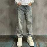 FOESCE Jacquard All Over High Street Jeans Mens 2024 New Straight Lift Pattern Loose Wide Leg Jeans Casual Boyfriend Jeans Pants Tide