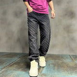 FOESCE Jacquard All Over High Street Jeans Mens 2024 New Straight Lift Pattern Loose Wide Leg Jeans Casual Boyfriend Jeans Pants Tide