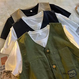 FOESCE Japanese Fashion V-neck Casual Summer Vest Men's New Sleeveless Cargo Jacket Male Solid Wild Vintage Waistcoat Single-breasted
