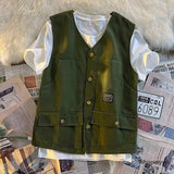 FOESCE Japanese Fashion V-neck Casual Summer Vest Men's New Sleeveless Cargo Jacket Male Solid Wild Vintage Waistcoat Single-breasted