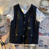 FOESCE Japanese Fashion V-neck Casual Summer Vest Men's New Sleeveless Cargo Jacket Male Solid Wild Vintage Waistcoat Single-breasted