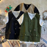 FOESCE Japanese Fashion V-neck Casual Summer Vest Men's New Sleeveless Cargo Jacket Male Solid Wild Vintage Waistcoat Single-breasted