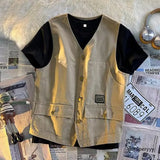 FOESCE Japanese Fashion V-neck Casual Summer Vest Men's New Sleeveless Cargo Jacket Male Solid Wild Vintage Waistcoat Single-breasted