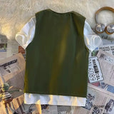 FOESCE Japanese Fashion V-neck Casual Summer Vest Men's New Sleeveless Cargo Jacket Male Solid Wild Vintage Waistcoat Single-breasted