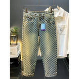 FOESCE Jeans men autumn winter style American retro trend fashion jacquard high street loose straight tube casual printed denim pants