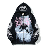 FOESCE Kanye West Vintage Zip Up Hoodie Y2k Dinosaur Bone Graffiti Sweatshirt Men Letters Embroidery Cardigan Baggy Pullovers Oversized