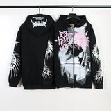 FOESCE Kanye West Vintage Zip Up Hoodie Y2k Dinosaur Bone Graffiti Sweatshirt Men Letters Embroidery Cardigan Baggy Pullovers Oversized