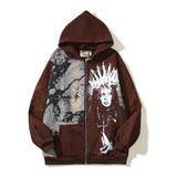 FOESCE Kanye West Vintage Zip Up Hoodie Y2k Dinosaur Bone Graffiti Sweatshirt Men Letters Embroidery Cardigan Baggy Pullovers Oversized