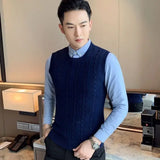 FOESCE Knit Sweater Male Solid Color Sleeveless Plain Men's Clothing Blue Vest Waistcoat Jumpers Plus Size Best Selling Products 2025 A