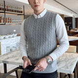 FOESCE Knit Sweater Male Solid Color Sleeveless Plain Men's Clothing Blue Vest Waistcoat Jumpers Plus Size Best Selling Products 2025 A
