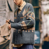 FOESCE Knitted Sweaters for Men Graphic Man Clothes Japanese Retro Coat Cardigan Jacket V Neck Argyle Plus Size Cotton Winter 2025 X S