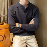 FOESCE Korean 2025 Autumn Winter Men's New Spliced Pullover O-Neck Button Screw Thread Fashion Solid Casual Knitted Long Sleeved Tops