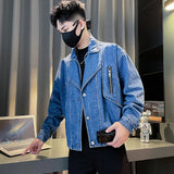 FOESCE Korean Fashion Water Denim Jacket for Men Autumn Loose Lapel Casual Jeans Social Streetwear Harajuku Hip Hop Coat Men Clothing