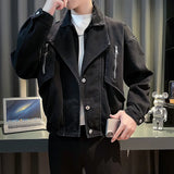 FOESCE Korean Fashion Water Denim Jacket for Men Autumn Loose Lapel Casual Jeans Social Streetwear Harajuku Hip Hop Coat Men Clothing