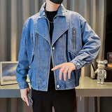 FOESCE Korean Fashion Water Denim Jacket for Men Autumn Loose Lapel Casual Jeans Social Streetwear Harajuku Hip Hop Coat Men Clothing